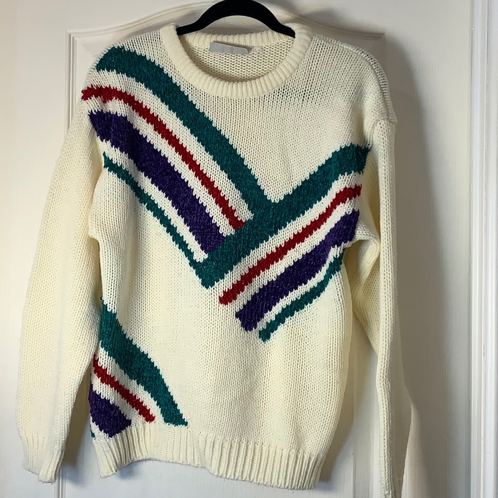 Vintage Au Courant Cream Chenille Stripe Sweater – Cool Retro Knit Medium